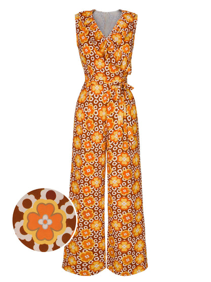 Neck Floral Belted Sleeveless Jumpsuit 1970s V-Neck Boho Roses Tiered Dress - Ivory / S