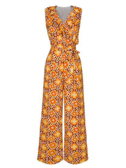 Neck Floral Belted Sleeveless Jumpsuit 1970s V-Neck Boho Roses Tiered Dress - Ivory / S