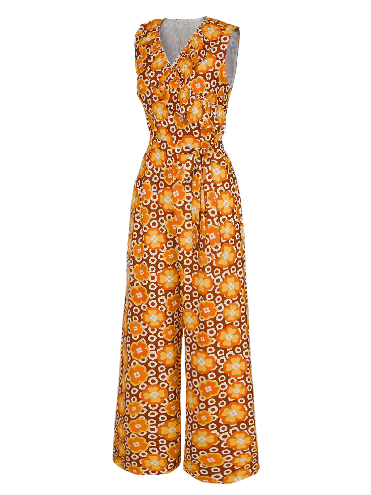 Neck Floral Belted Sleeveless Jumpsuit 1970s V-Neck Boho Roses Tiered Dress - Ivory / S