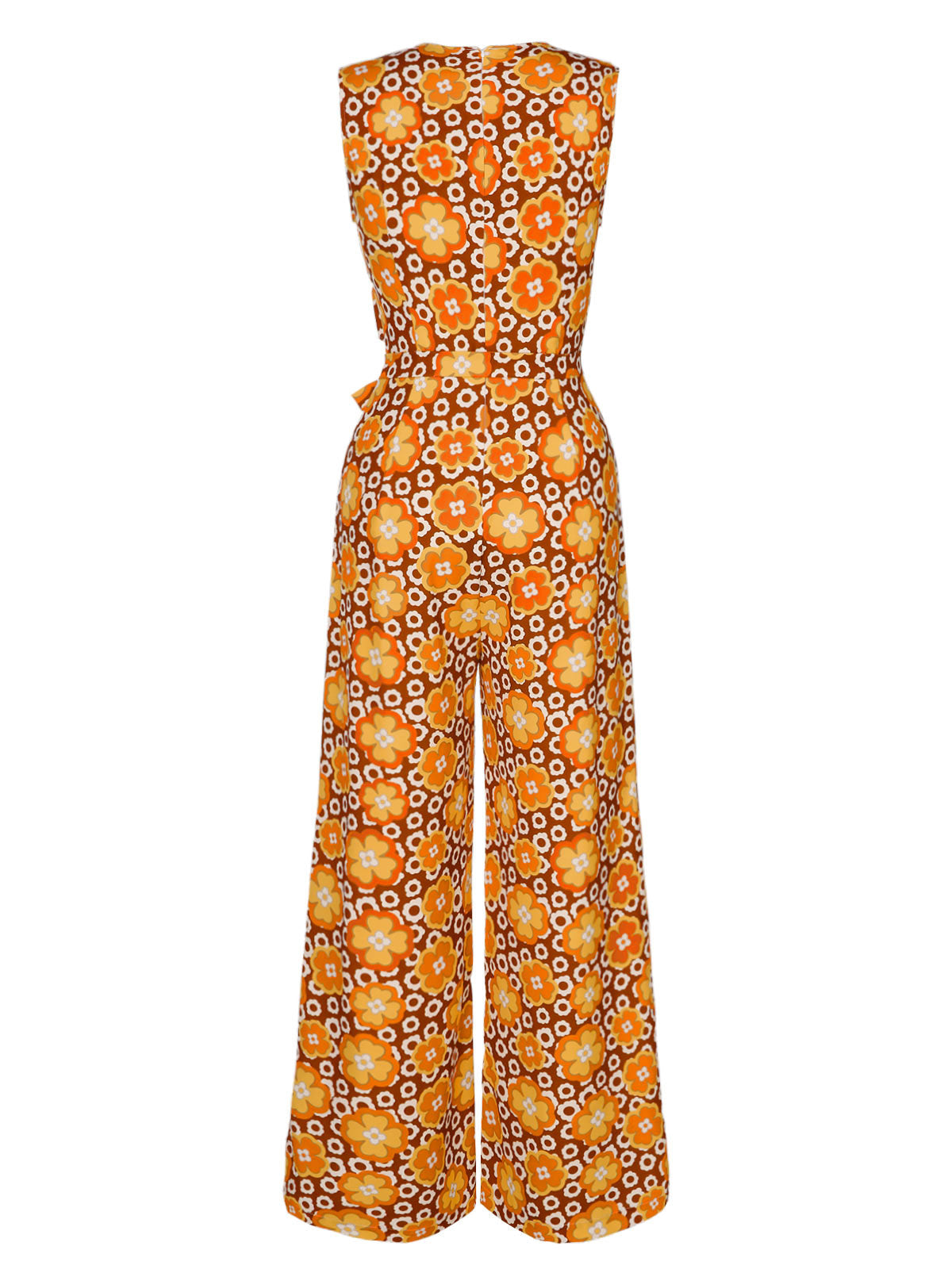 Neck Floral Belted Sleeveless Jumpsuit 1970s V-Neck Boho Roses Tiered Dress - Ivory / S