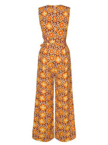 Neck Floral Belted Sleeveless Jumpsuit 1970s V-Neck Boho Roses Tiered Dress - Ivory / S