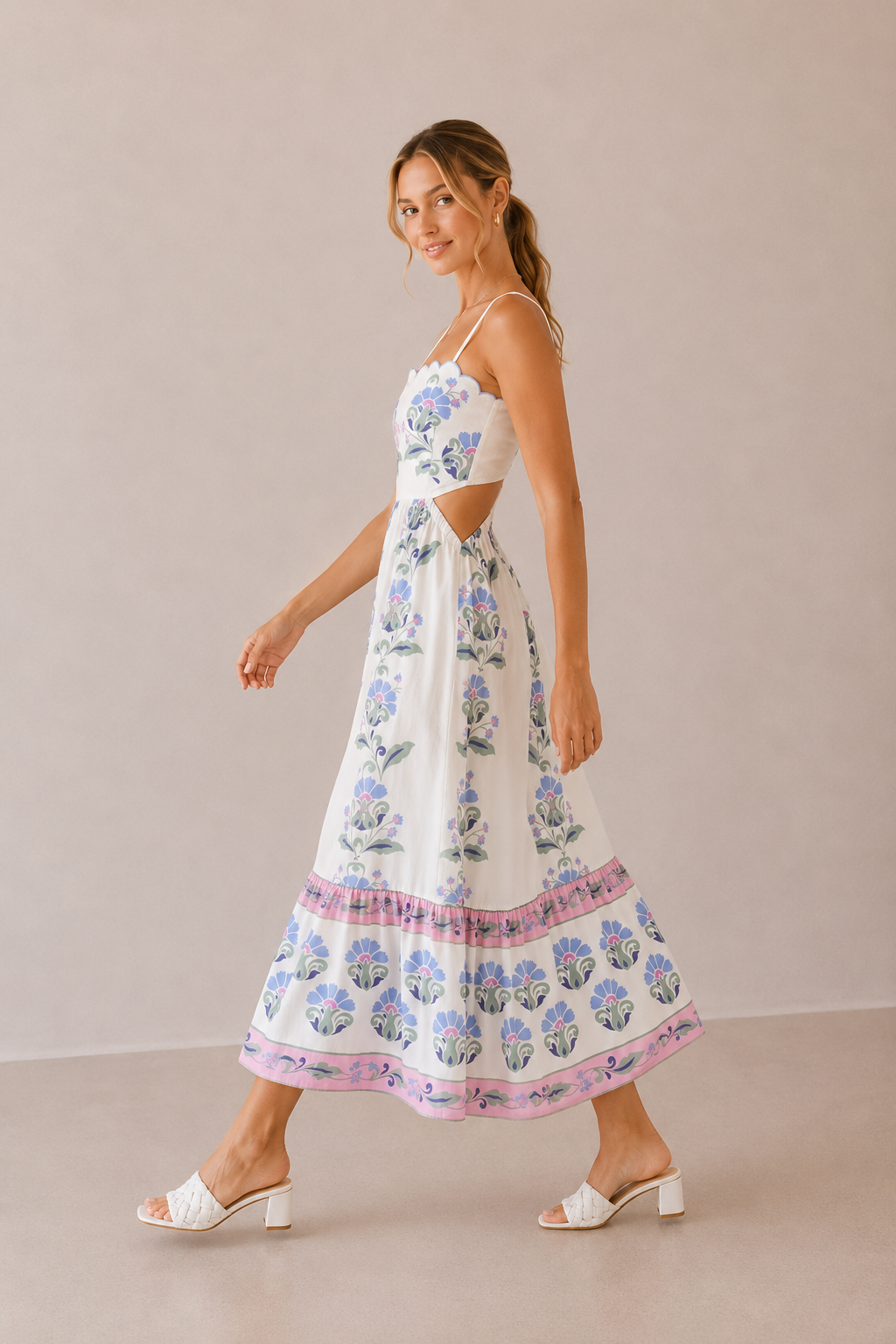 Cream Arabella Floral Border Midi Dress
