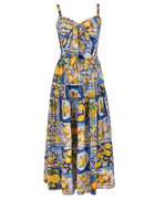St. Barths Darla Tie Front Midi Dress In Blue Amalfi Lemon - S / Blue Amalfi Lemon