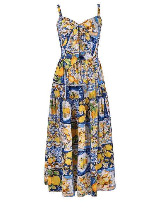 St. Barths Darla Tie Front Midi Dress In Blue Amalfi Lemon St. Barths Darla Tie Front Midi Dress In Blue Amalfi Lemon - S / Blue Amalfi Lemon