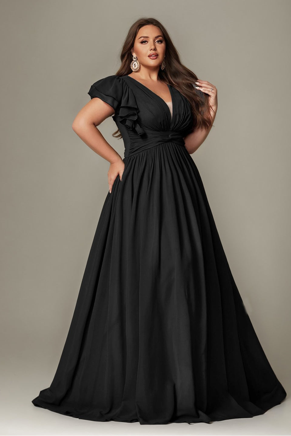 PurplePlum Curveins Plus Size V-Neck Ruffle Sleeve Split A-Line Maxi Dress - 28/5X / Brown