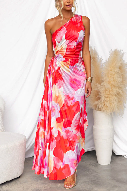 Red Valentina One-Shoulder Pleated Maxi Dress