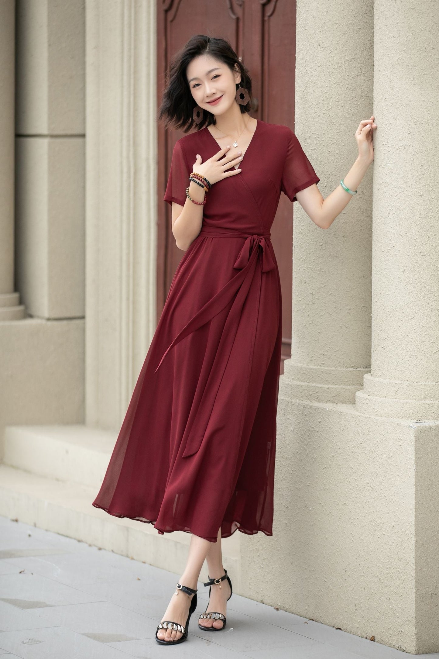 Neck Wrap Style 5222 Burgundy midi fit and flare prom chiffon dress
