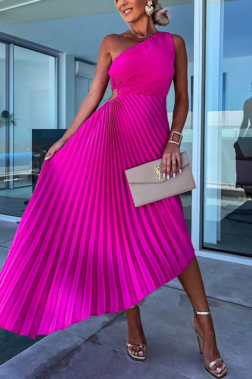 Fuchsia Margot One-Shoulder Pleated Party Dress