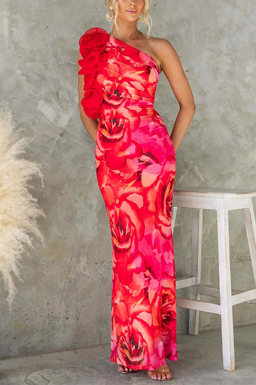 Red Margot Ruffle One-Shoulder Floral Maxi Dress