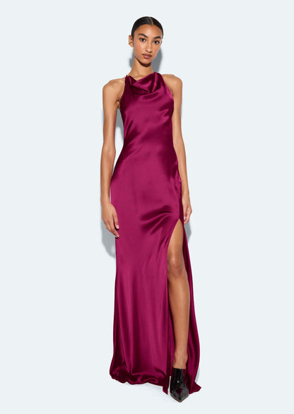 Berry Vivienne Satin Halter Gown
