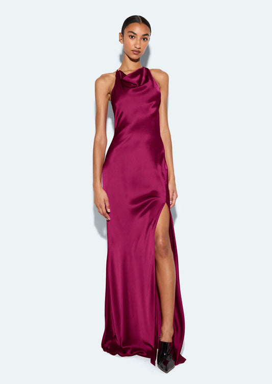 Berry Vivienne Satin Halter Gown