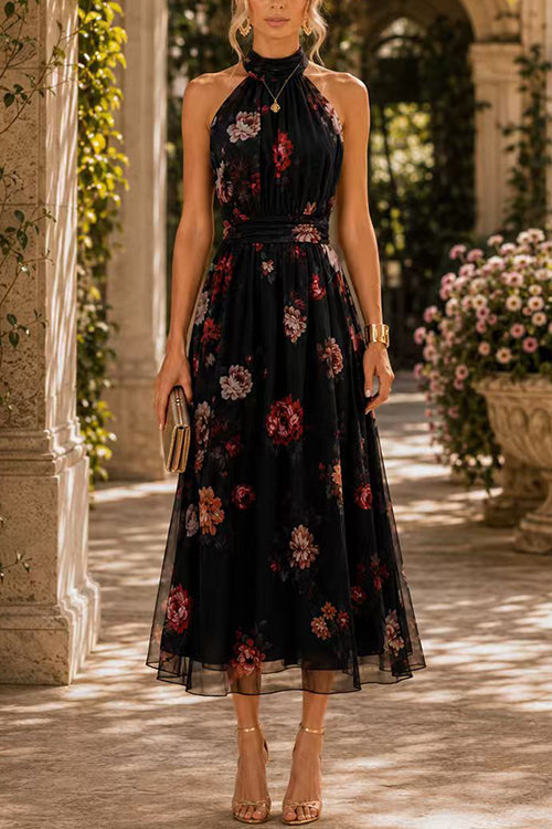 Black Margot Floral Flowy Midi Dress