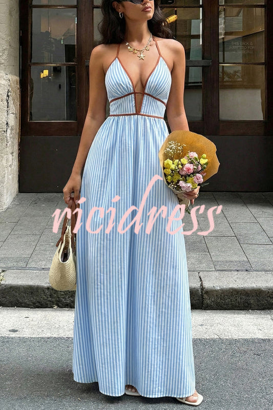 Blue Margot Striped V-Neck Maxi Dress
