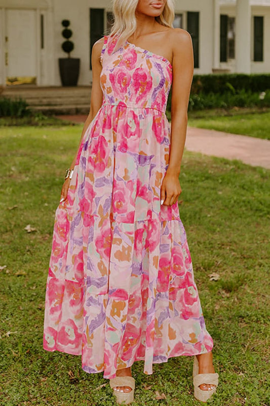 Pink Abstract Floral Print Shirred One Shoulder Maxi Dress - Pink / M / 100%Polyester