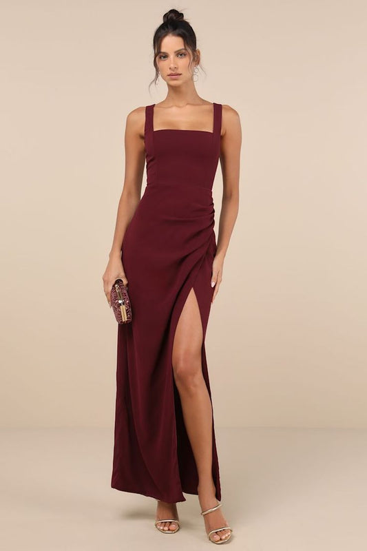 Glamorous Disposition Burgundy Ruched Maxi Dress | Lulus