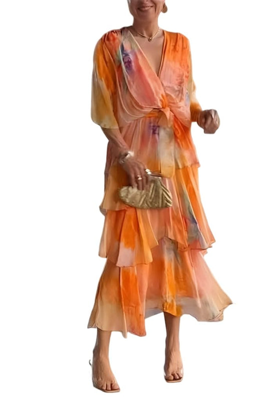 Women's Flowy Chiffon Boho Tie-dye Maxi Wedding Guest Dress Ruffle Half Sleeve V Neck Empire Waist Wrap Tiered Dresses