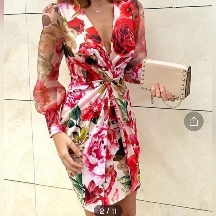 Cbr Dresses | Vibrant Flower Faux Wrap Dress | Color: Pink/Red | Size: M