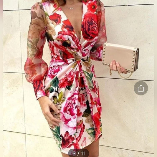 Cbr Dresses | Vibrant Flower Faux Wrap Dress | Color: Pink/Red | Size: M