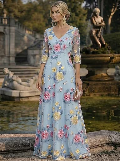 A-Line Tea Length Party Dress Cocktail Dress Wedding Guest Dress Mother of the Bride Dress Half Sleeve Scoop Neck Elegan