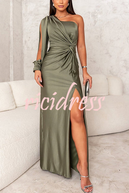 Green Arabella Satin One-Shoulder Maxi Dress