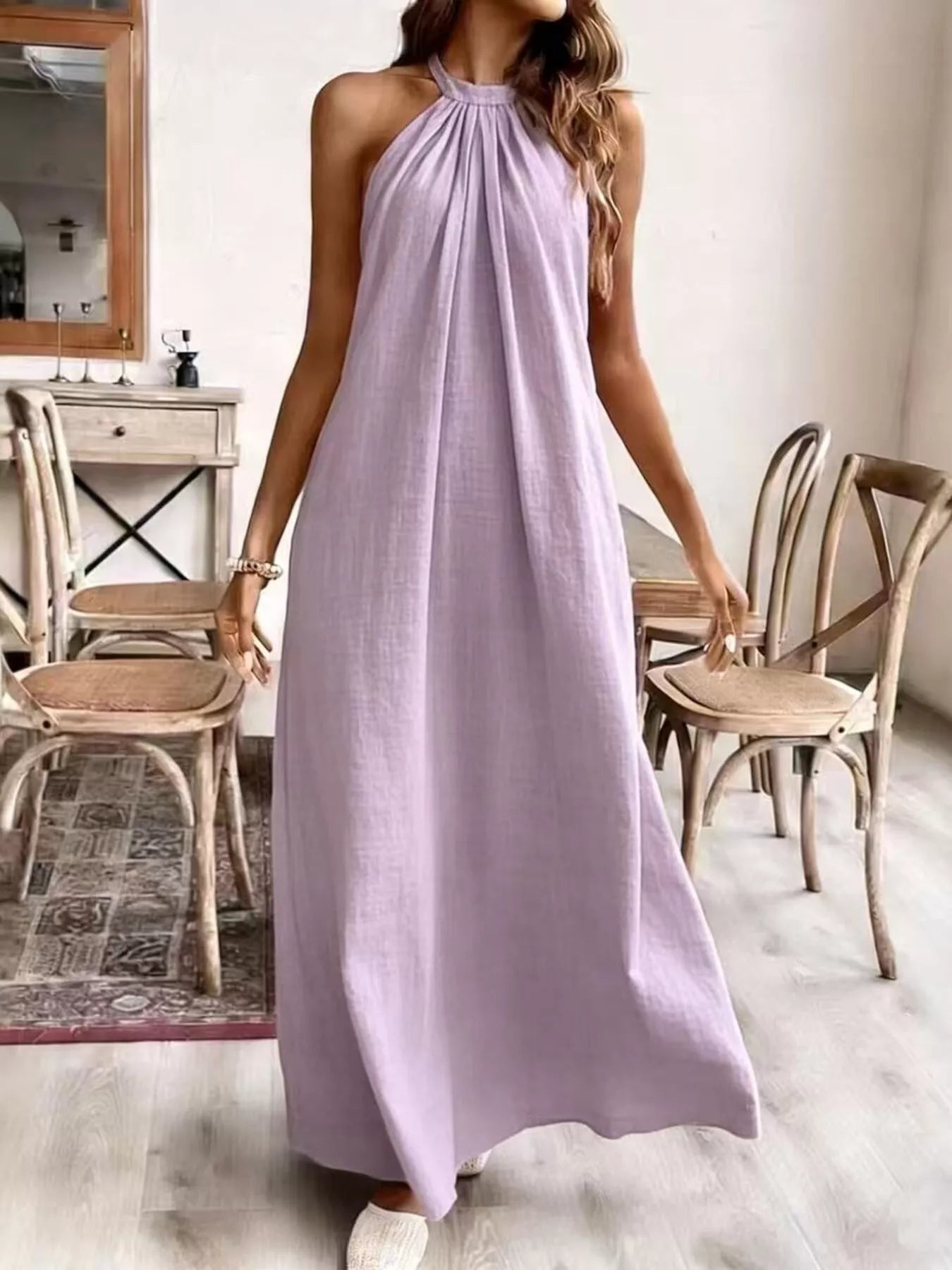 Light Purple Margot Halter Maxi Dress in Cream