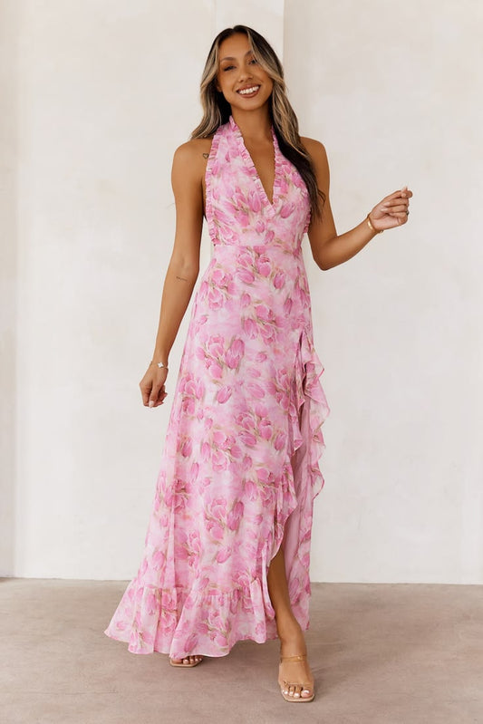 Arabella Halter Maxi Dress in Pink