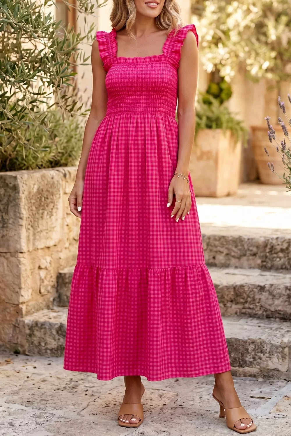 Deep Rose Margot Plaid Midi Dress in Deep Rose