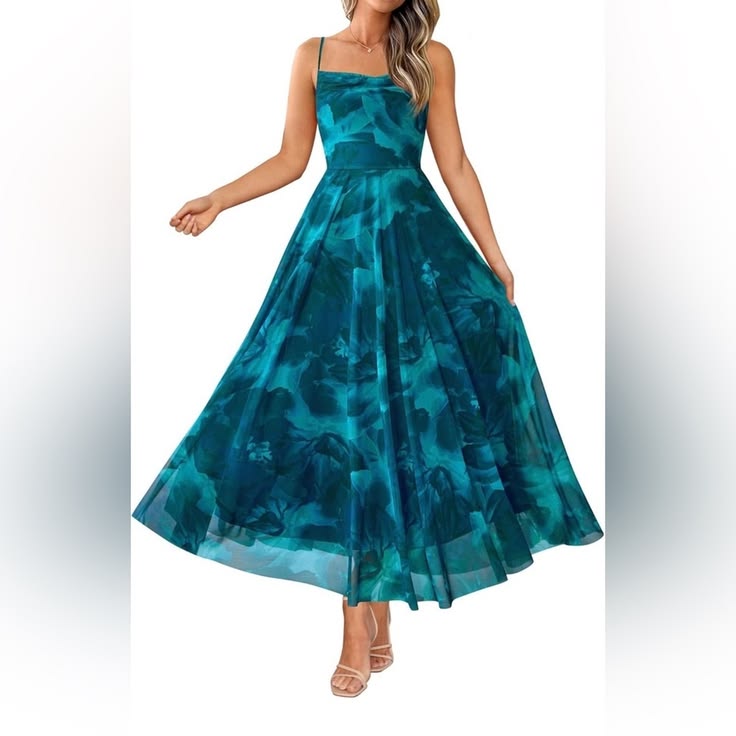 Teal Blue Floral Mesh Maxi Dress Spaghetti Straps Size Small | Color: Blue | Size: S