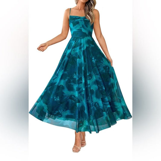 Teal Blue Floral Mesh Maxi Dress Spaghetti Straps Size Small | Color: Blue | Size: S