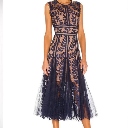 Saba Embroidered Mesh Midi Dress