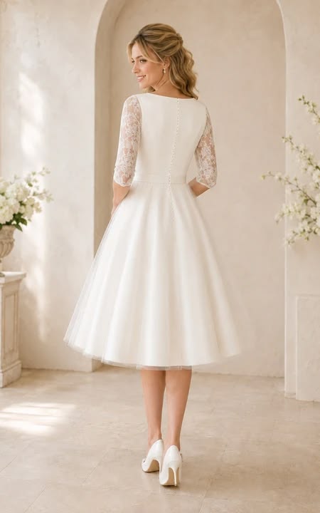 Dorris Bridal Women's Satin Tea-Length Bateau Neck Wedding Dress Ivory