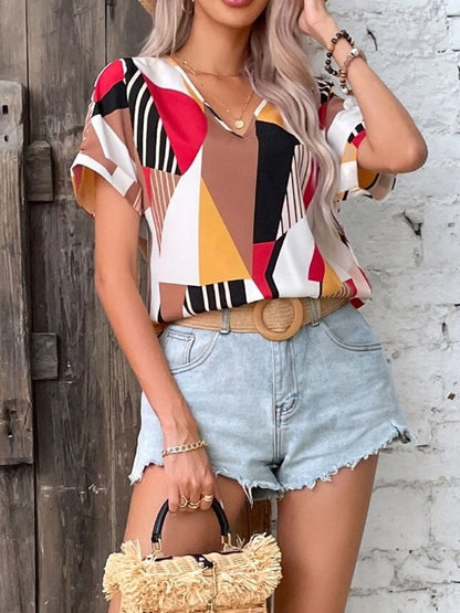 Neck Short Sleeve Blouse Margot Printed V-Neck Tiered Dress