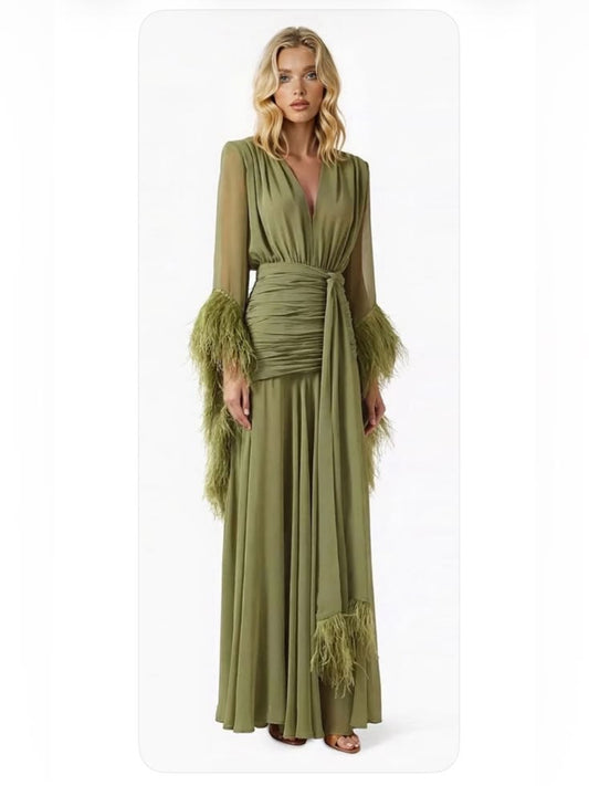Bronx And Banco Dresses | Bronx And Banco Sage Green Long-Sleeve Feather Cuff Maxi Dress | Color: Green | Size: Xl