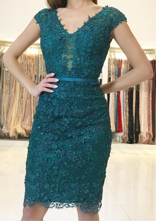 Length Homecoming Dress, Beading Buttons Sheath V Neck Cap Sleeve Lace Knee-Length Homecoming Dress, Beading Buttons
