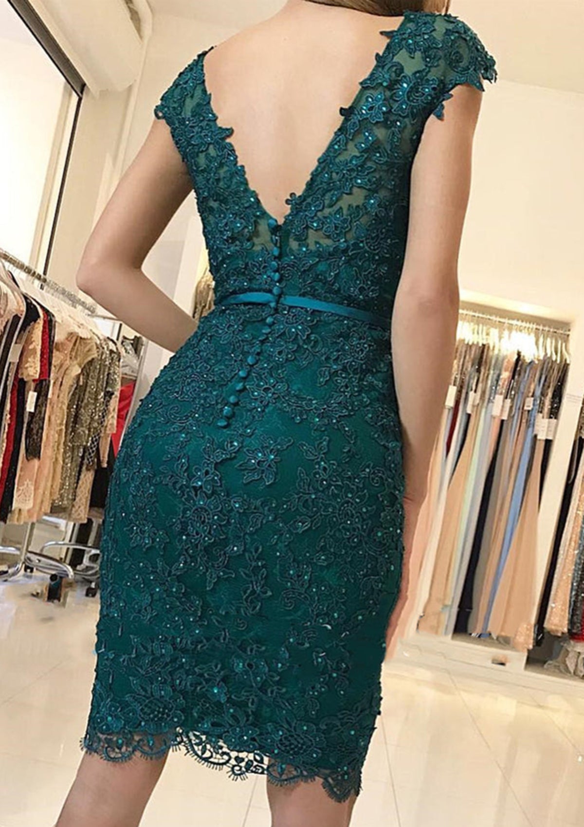 Length Homecoming Dress, Beading Buttons Sheath V Neck Cap Sleeve Lace Knee-Length Homecoming Dress, Beading Buttons