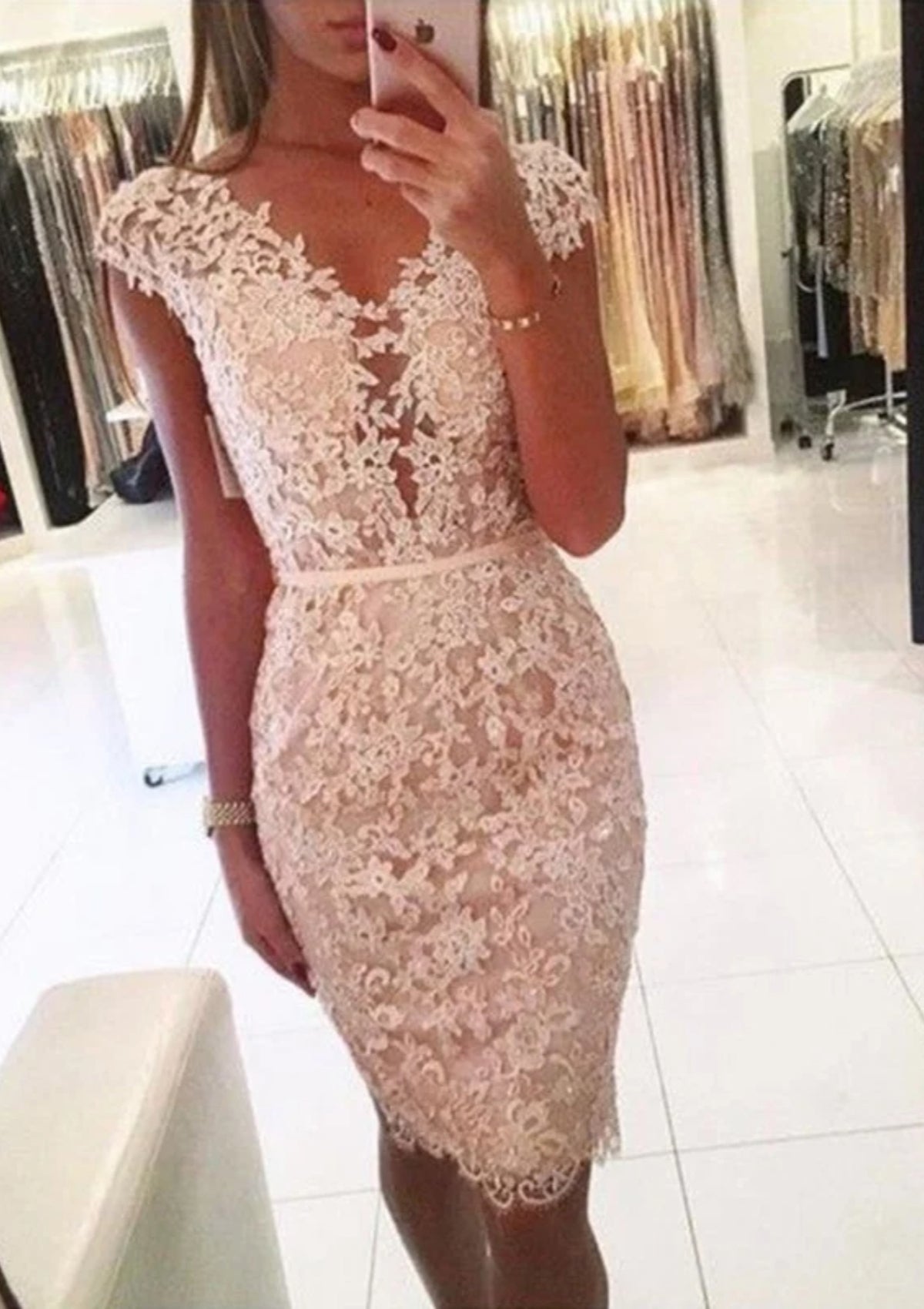 Length Homecoming Dress, Beading Buttons Sheath V Neck Cap Sleeve Lace Knee-Length Homecoming Dress, Beading Buttons