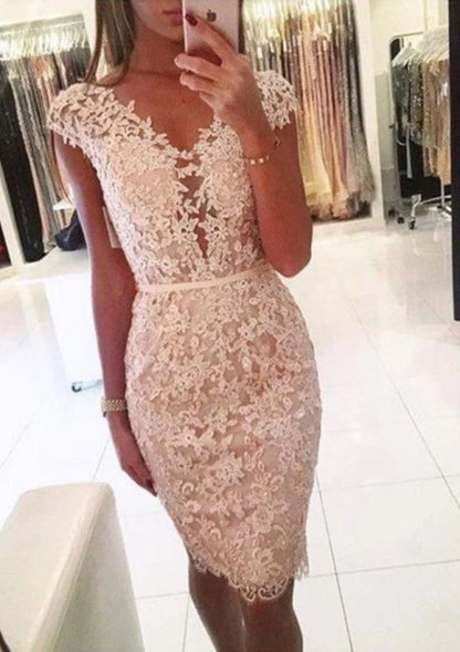 Length Homecoming Dress, Beading Buttons Sheath V Neck Cap Sleeve Lace Knee-Length Homecoming Dress, Beading Buttons