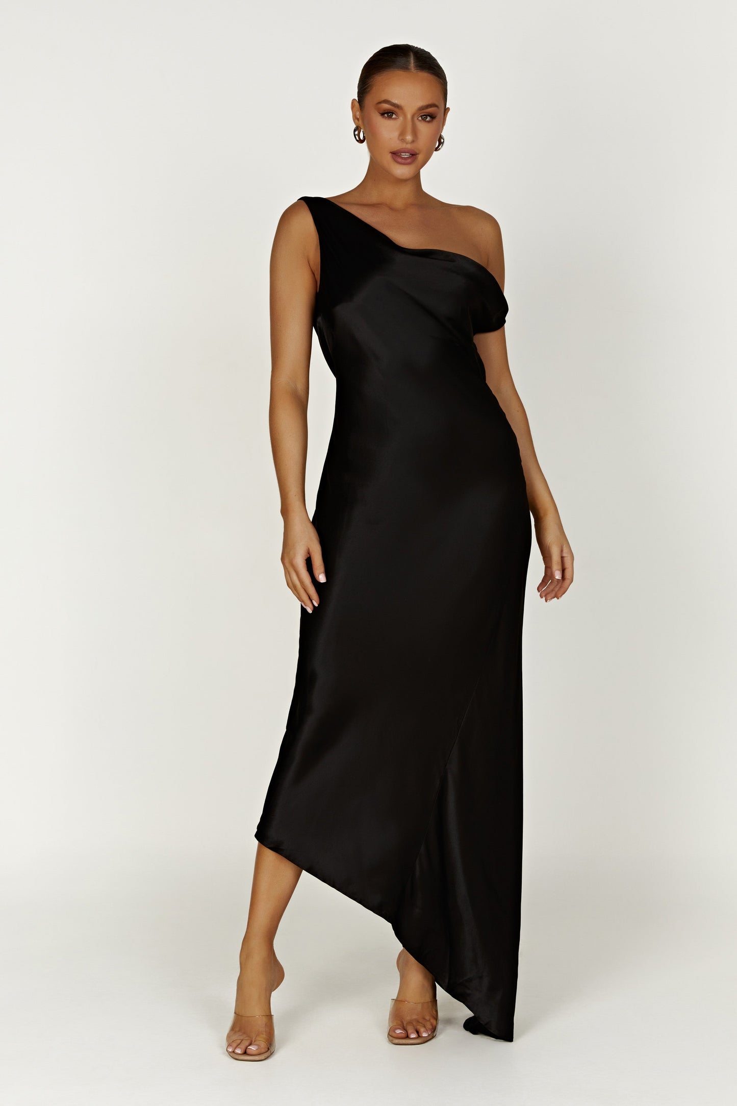 Black Yvette Asymmetrical Slip Maxi Dress in Emerald