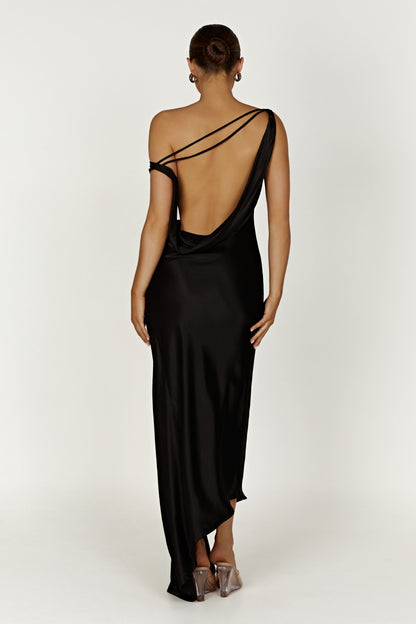 Black Yvette Asymmetrical Slip Maxi Dress in Emerald
