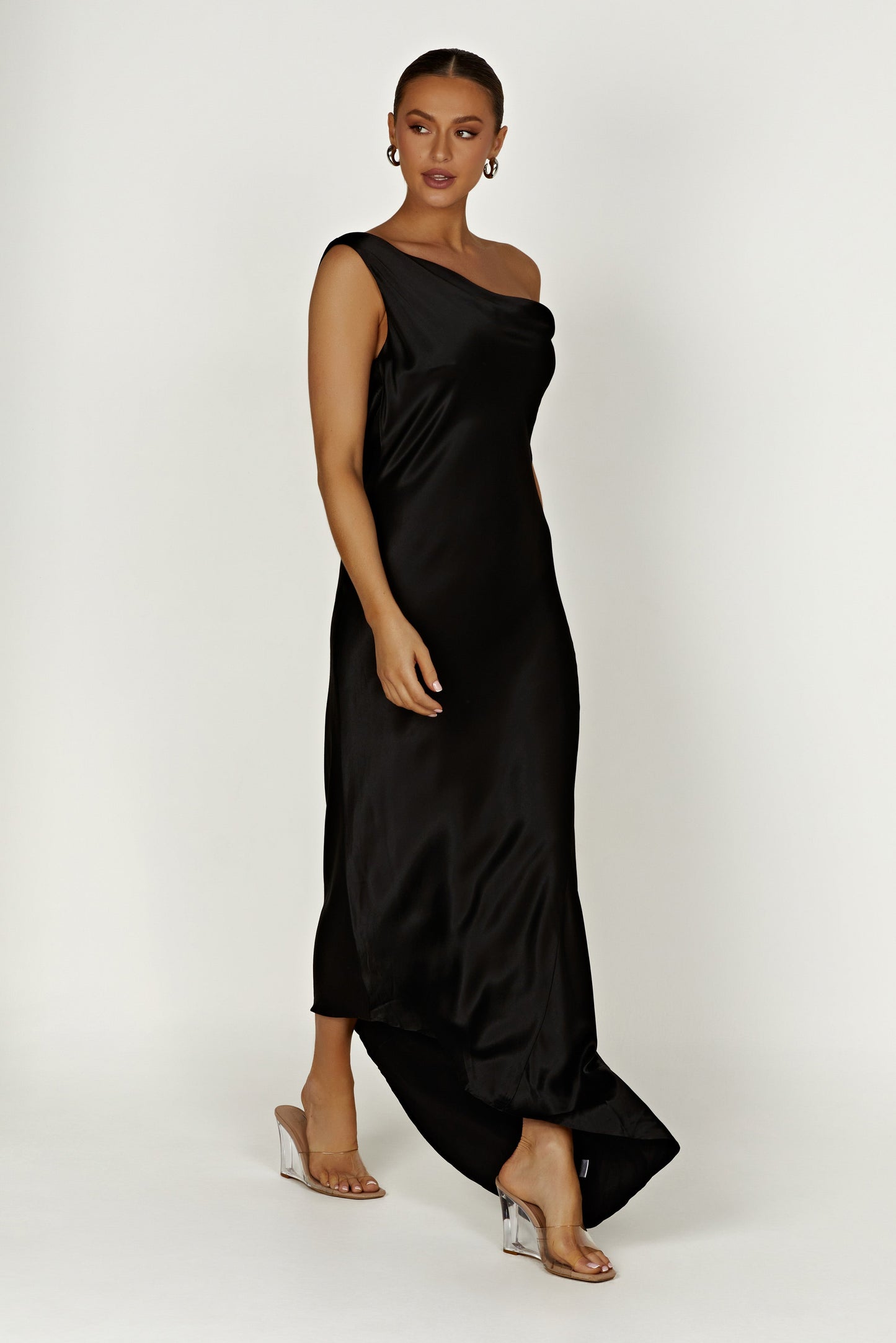 Black Yvette Asymmetrical Slip Maxi Dress in Emerald