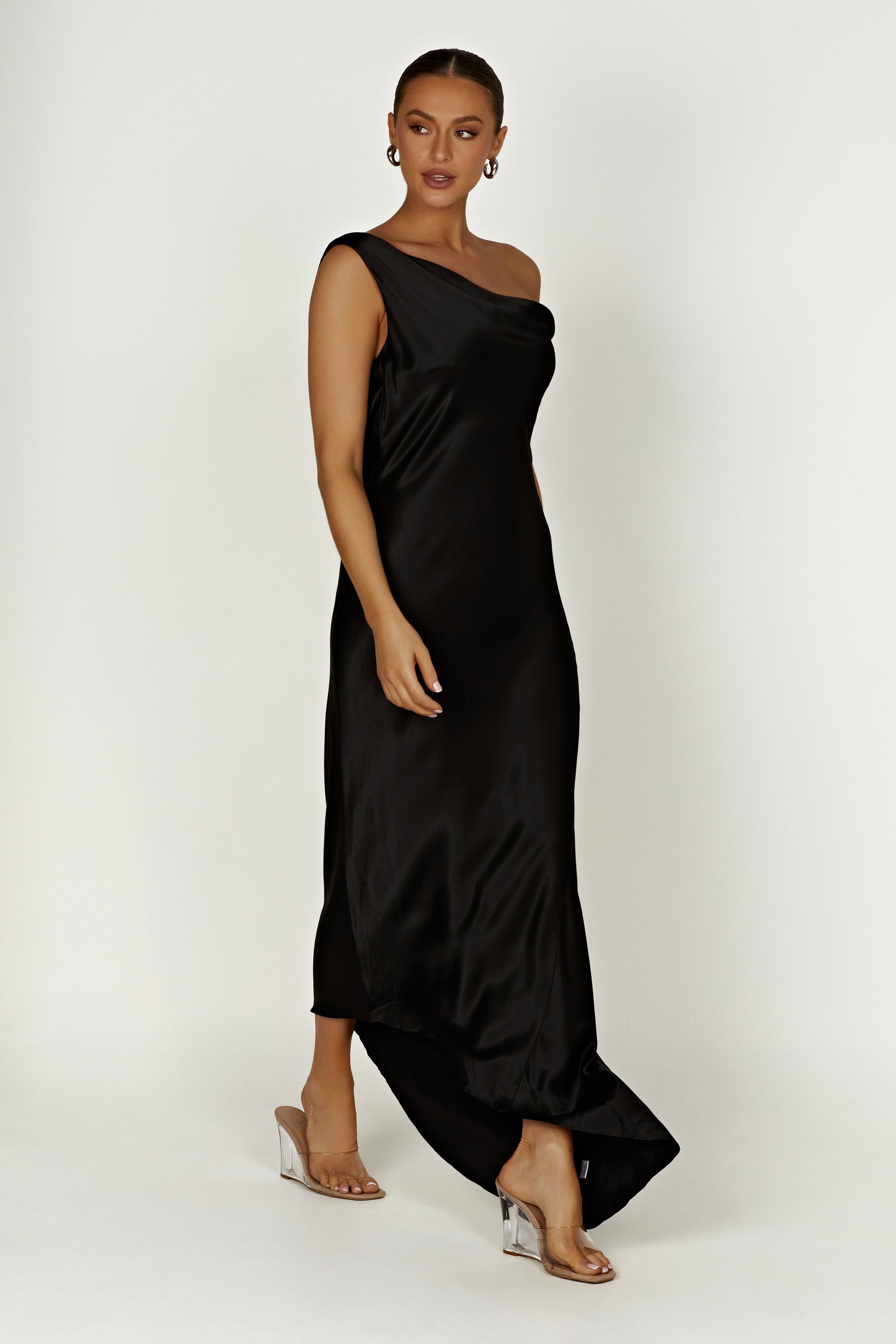 Black Yvette Asymmetrical Slip Maxi Dress in Emerald