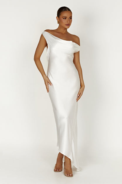 White Yvette Asymmetrical Slip Maxi Dress in Emerald