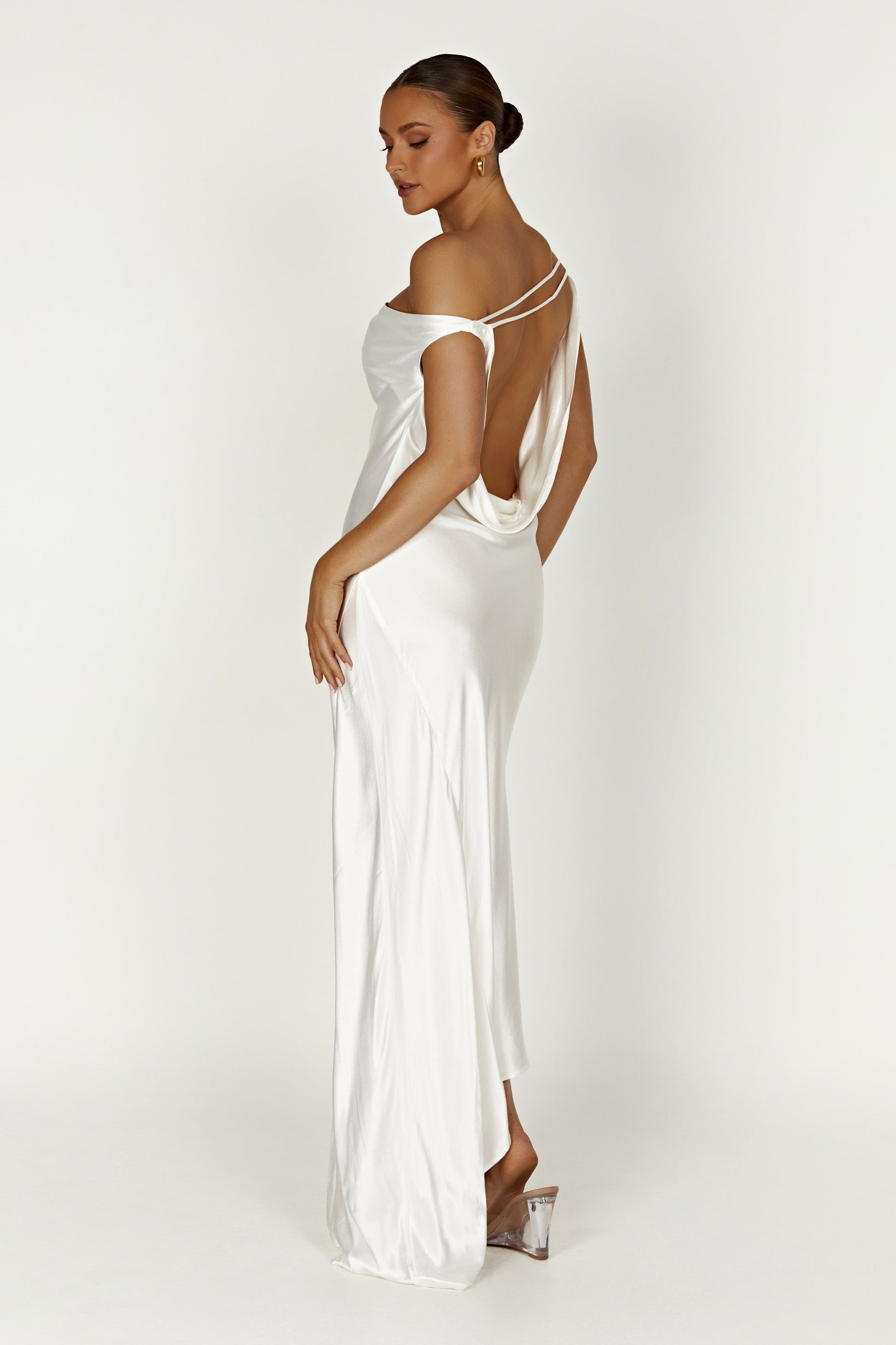 White Yvette Asymmetrical Slip Maxi Dress in Emerald