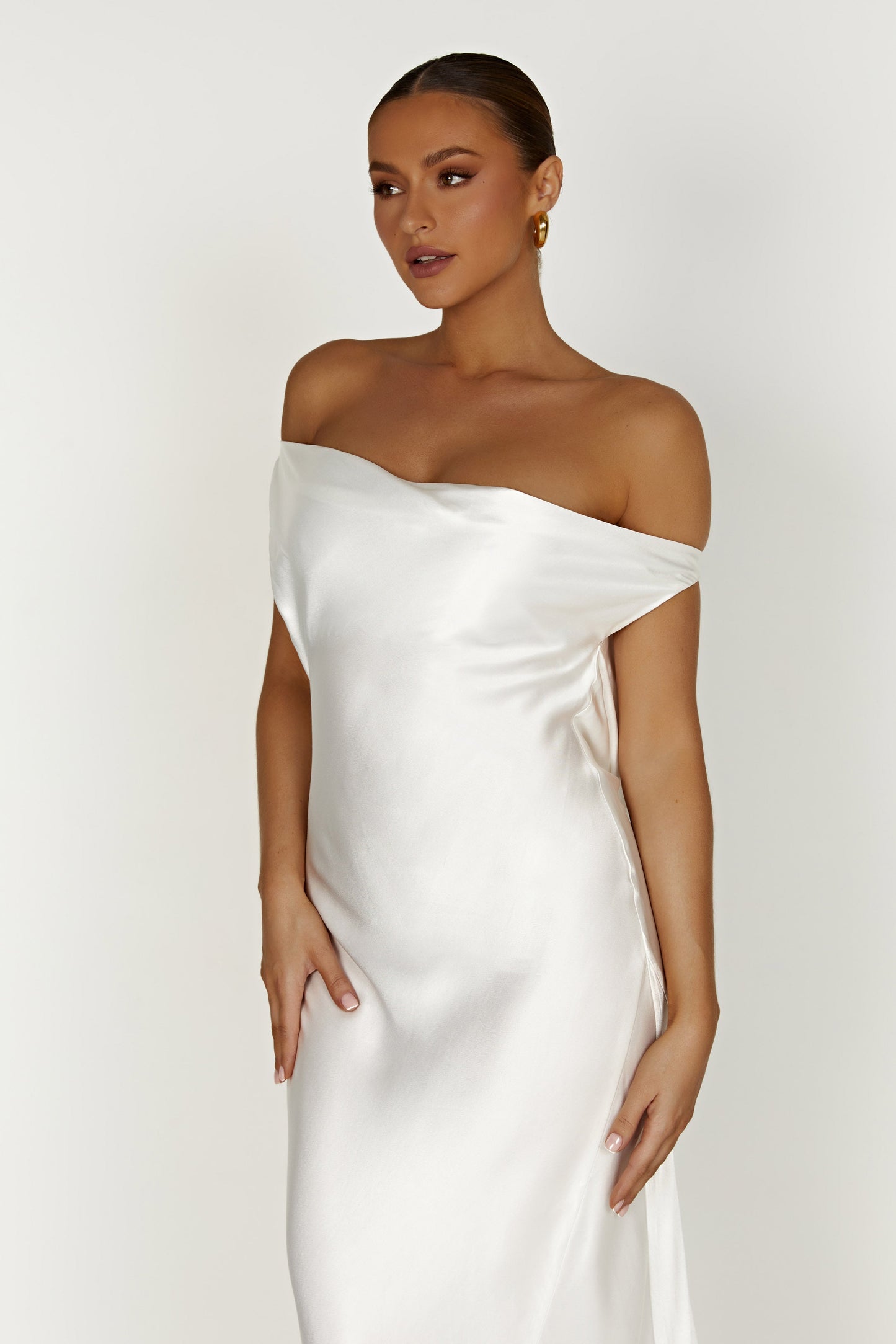 White Yvette Asymmetrical Slip Maxi Dress in Emerald