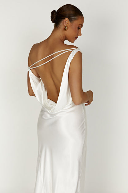 White Yvette Asymmetrical Slip Maxi Dress in Emerald