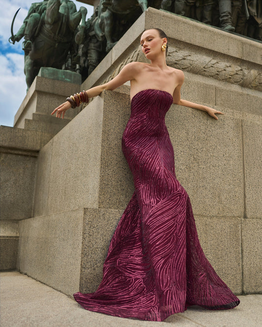 Bordeaux Margot Raffia Strapless Gown