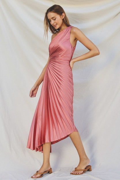 Margot One-Shoulder Pleated Gown in Rose