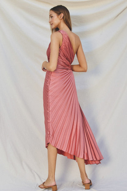 Margot One-Shoulder Pleated Gown in Rose