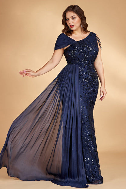 Blue Curveins Plus Size One Shoulder Sleeveless Beaded Ribbon Elegant Maxi Dress - 14-16/1X / Blue