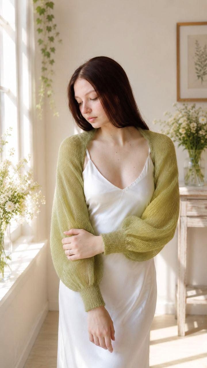 Bright Olive Mohair Bridal Bolero Shrug, Soft Sheer Bridesmaid Sweater, Fluffy Wedding Dress Topper, Lightweight Formal 